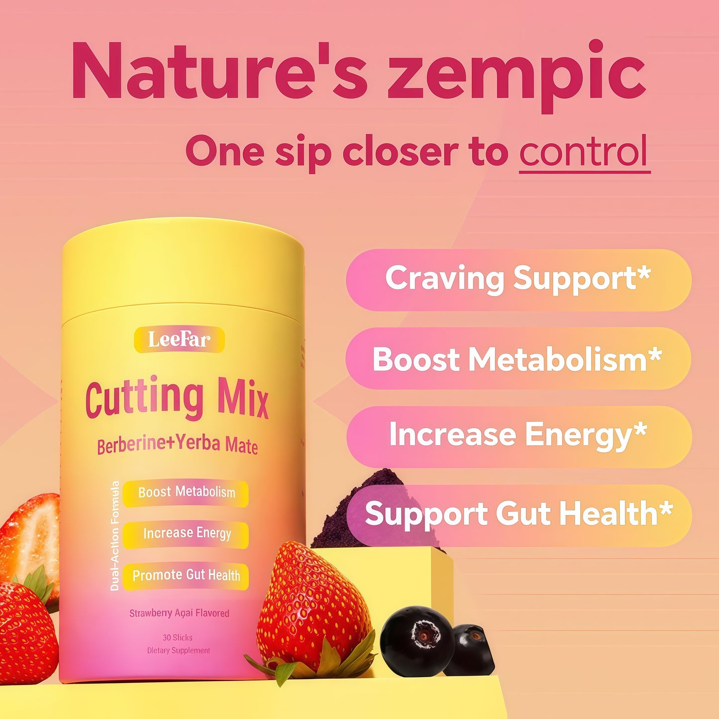 Cutting Drink Mix – GLP-1 Drink Mix with 5-HTP, Yerba Mate & Magnesium, FOS | Supports Satiety Signaling, Energy & Gut Health | Strawberry Açaí Flavor – 30 Servings